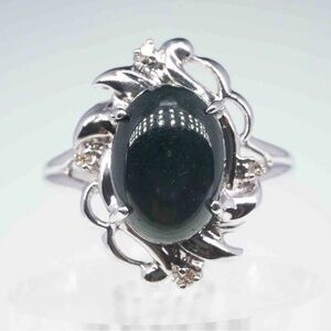 14k White Gold And Diamond Cabochon Dark Green Stunning Jadeite Ring Size 7